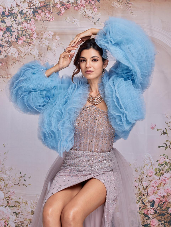 Tasneem Raza editorial shoot with blue ruffles